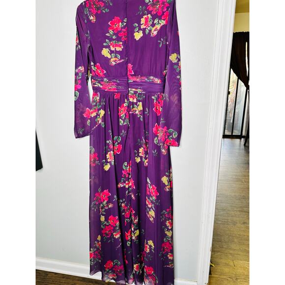 MAC DUGGAL Purple Floral Georgette Plunging Neckline High Slit Gown Size 8 - Picture 9 of 16